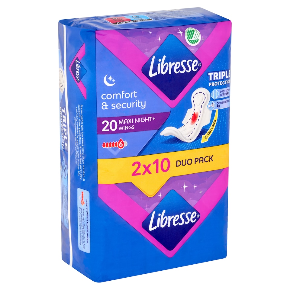 Libresse Maxi Night+ Comfort & Security egészségügyi betét éjszakai használatra 2 x 10 db  1. kép