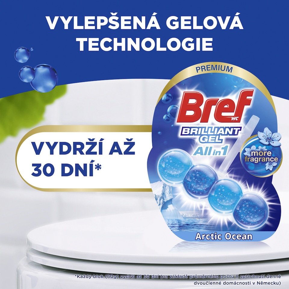 Obrázek 1 pro produkt Bref Brilliant Gel All in 1 Artic Ocean tuhý WC blok 3 x 42g