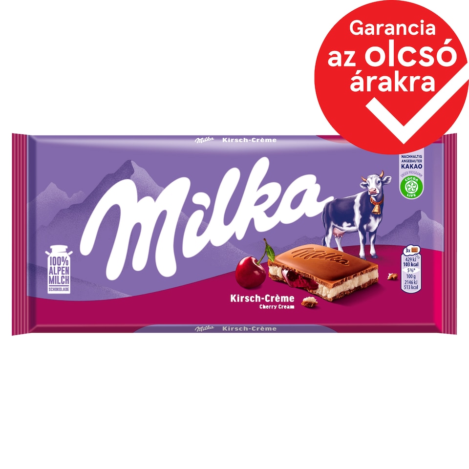Milka Alpesi Tejcsokoládé Meggyízű Tejes Krémtöltelékkel és Meggyes Gyümölcskrémmel 100 G