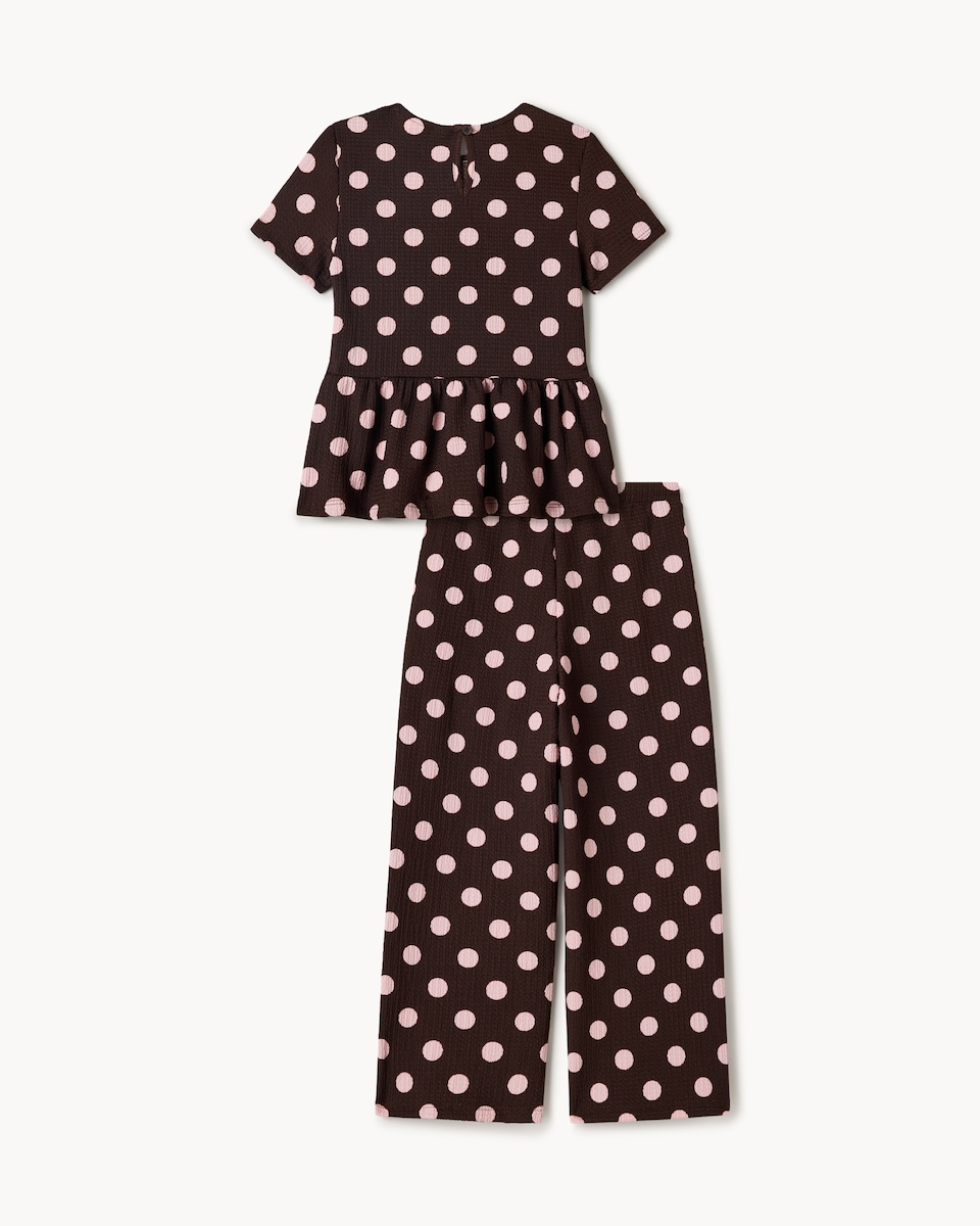 image 1 of F& Girls Textured Polka Dot Print Top and Trousers Set in Brown