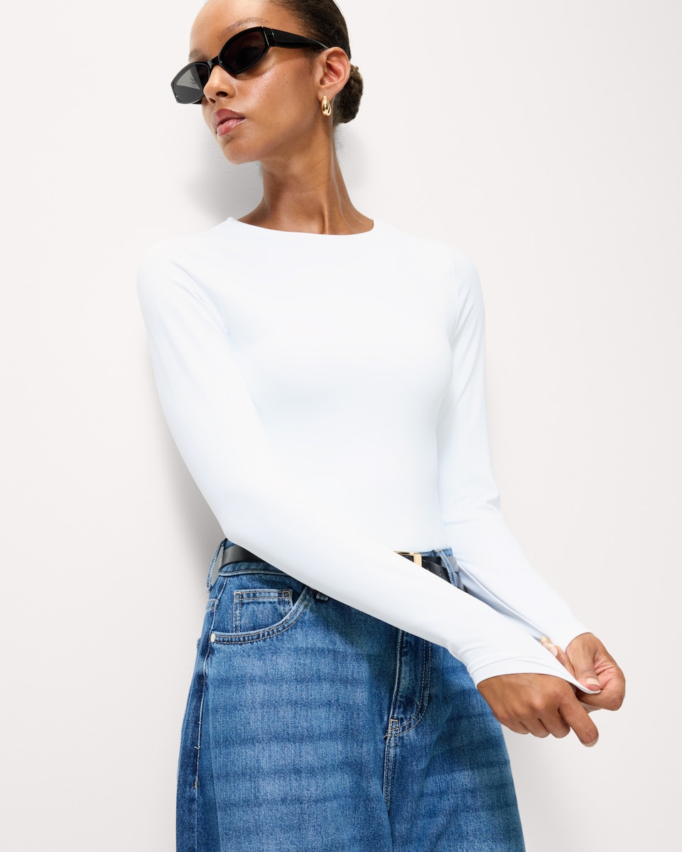 image 1 of F&F Polyamide Crew Neck Long Sleeved Bodysuit in White