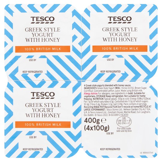 Tesco Greek Style Honey Yogurt 4 X 100G Tesco Groceries