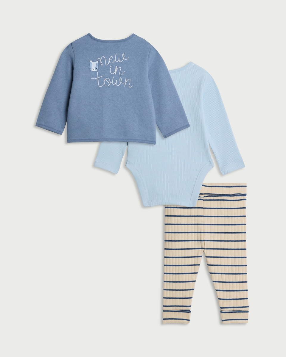 image 1 of F&F Baby 3-Piece Cotton Rich Badger Cardigan, Bodysuit and Leggings Set in Blue