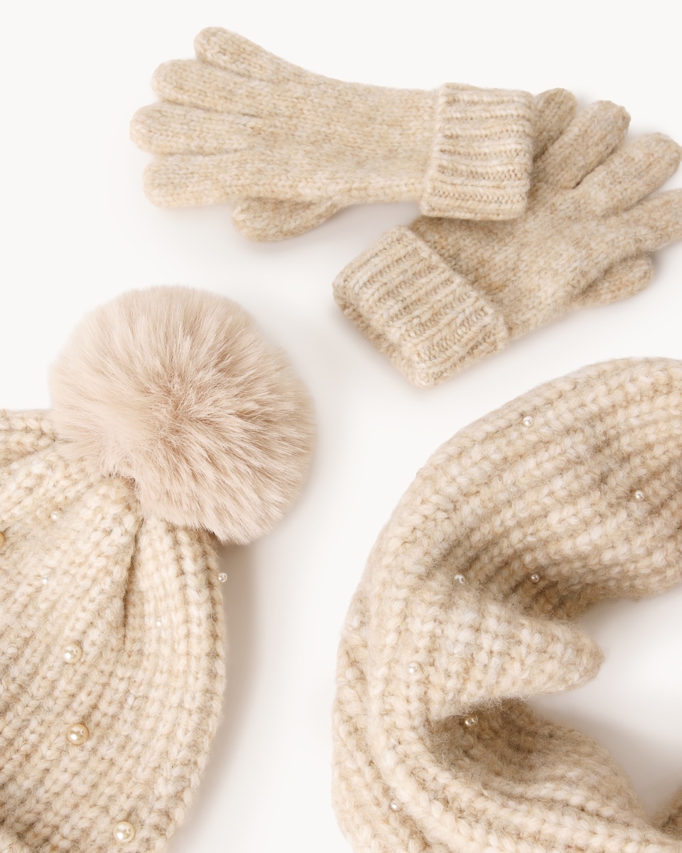 image 1 of F&F Girls Knitted Hat, Snood and Gloves Set in Neutral