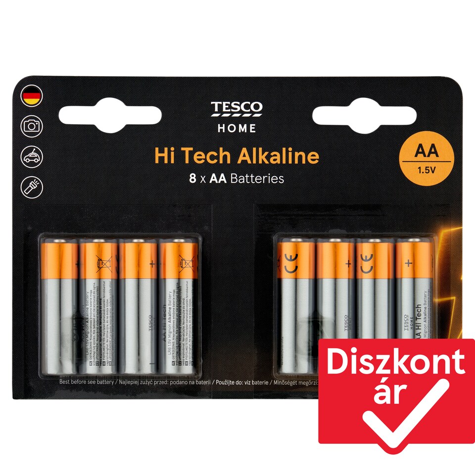 Tesco Home Hi Tech AA LR6 1,5 V nagy teljesítményű alkáli elem 8 db