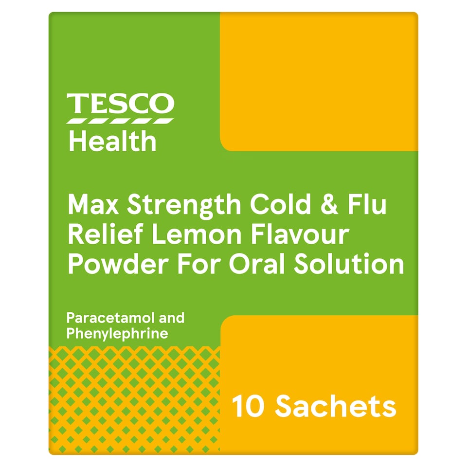 Tesco Health Max Strength Cold & Flu Relief Powder Sachets - Lemon, Paracetamol 10s