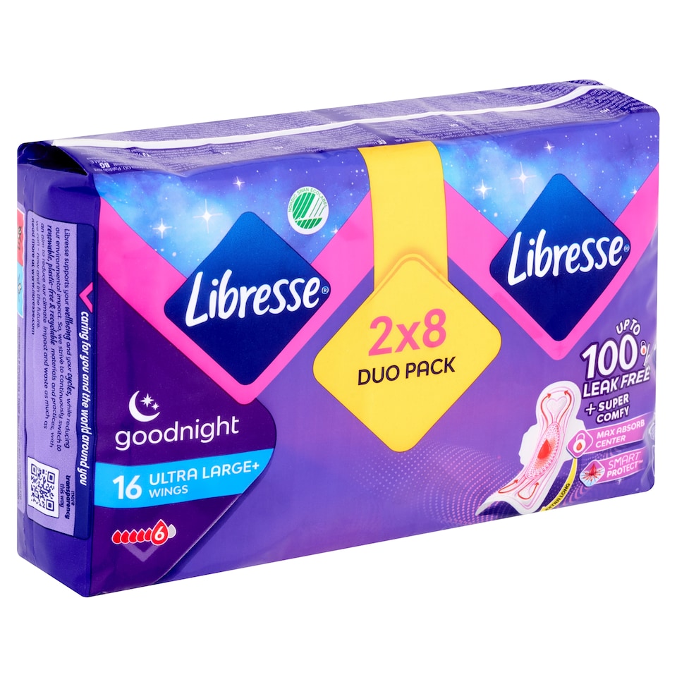 Libresse Ultra Large+ Goodnight szárnyas egészségügyi betét, éjszakai használatra 2 x 8 db  1. kép