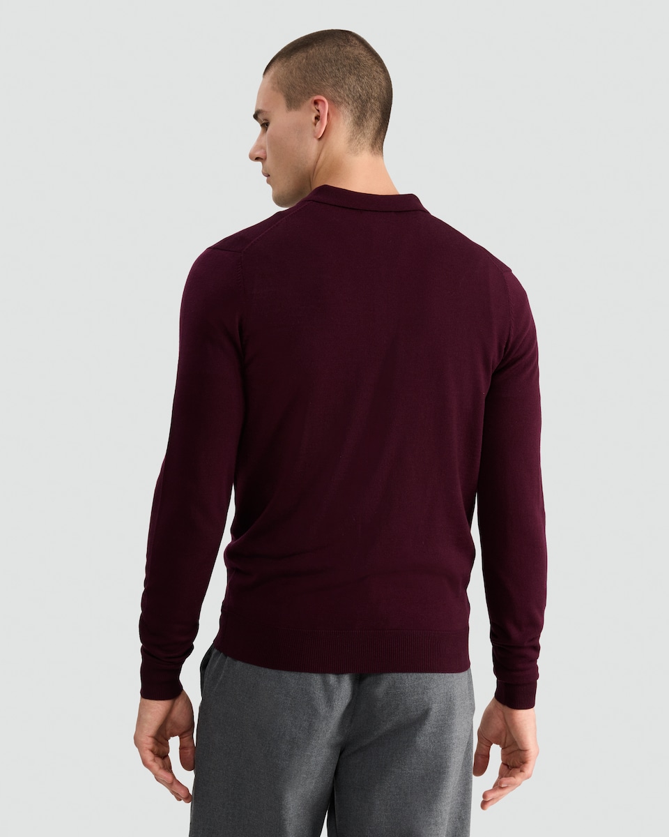 image 1 of F&F Pure Merino Wool Long Sleeved Polo Shirt in Burgundy