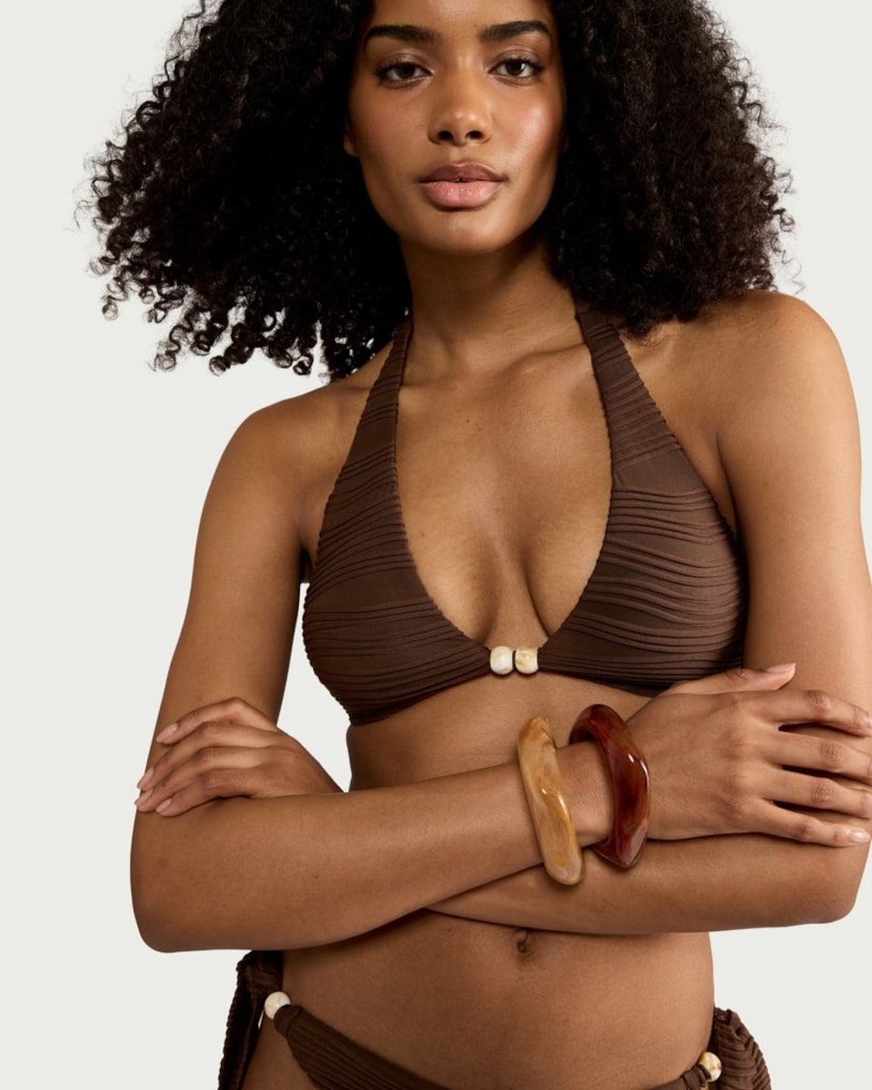 image 1 of F&F Textured Halter Neck Bead Detail Bikini Top in Brown