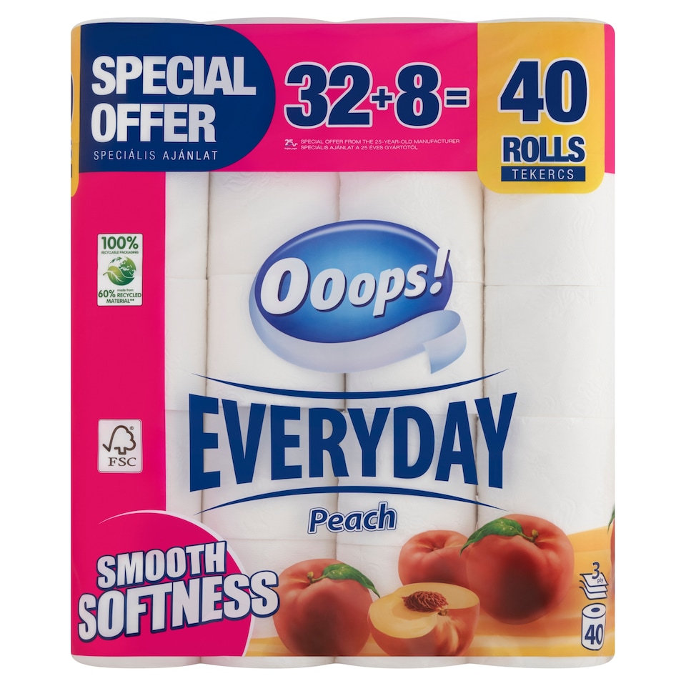 Ooops! Everyday Peach toalettpapír 3 rétegű 40 tekercs