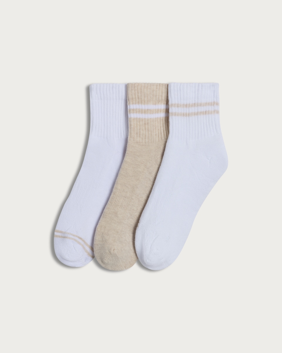F&F Active 3-Pack Cotton Rich Cropped Ankle Socks  in Cream