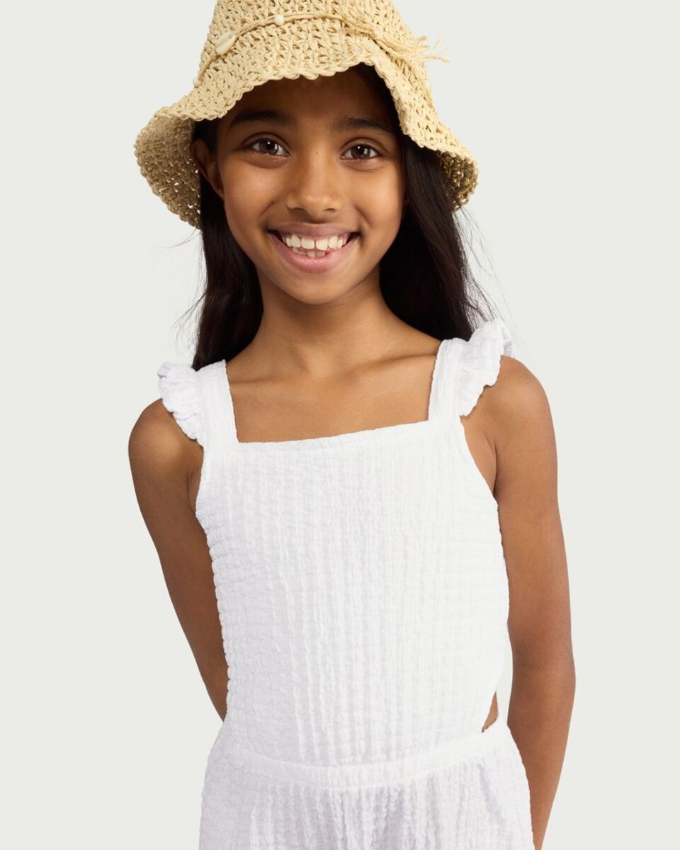 image 1 of F&F Girls Textured Ruffle Strap Playsuit in White