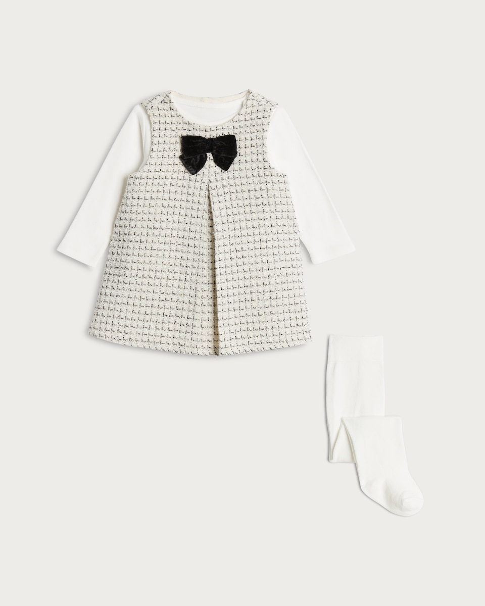 image 1 of F&F x Samantha Faiers 3-Piece Tweed Dress, Bodysuit and Tights Set in Grey Marl