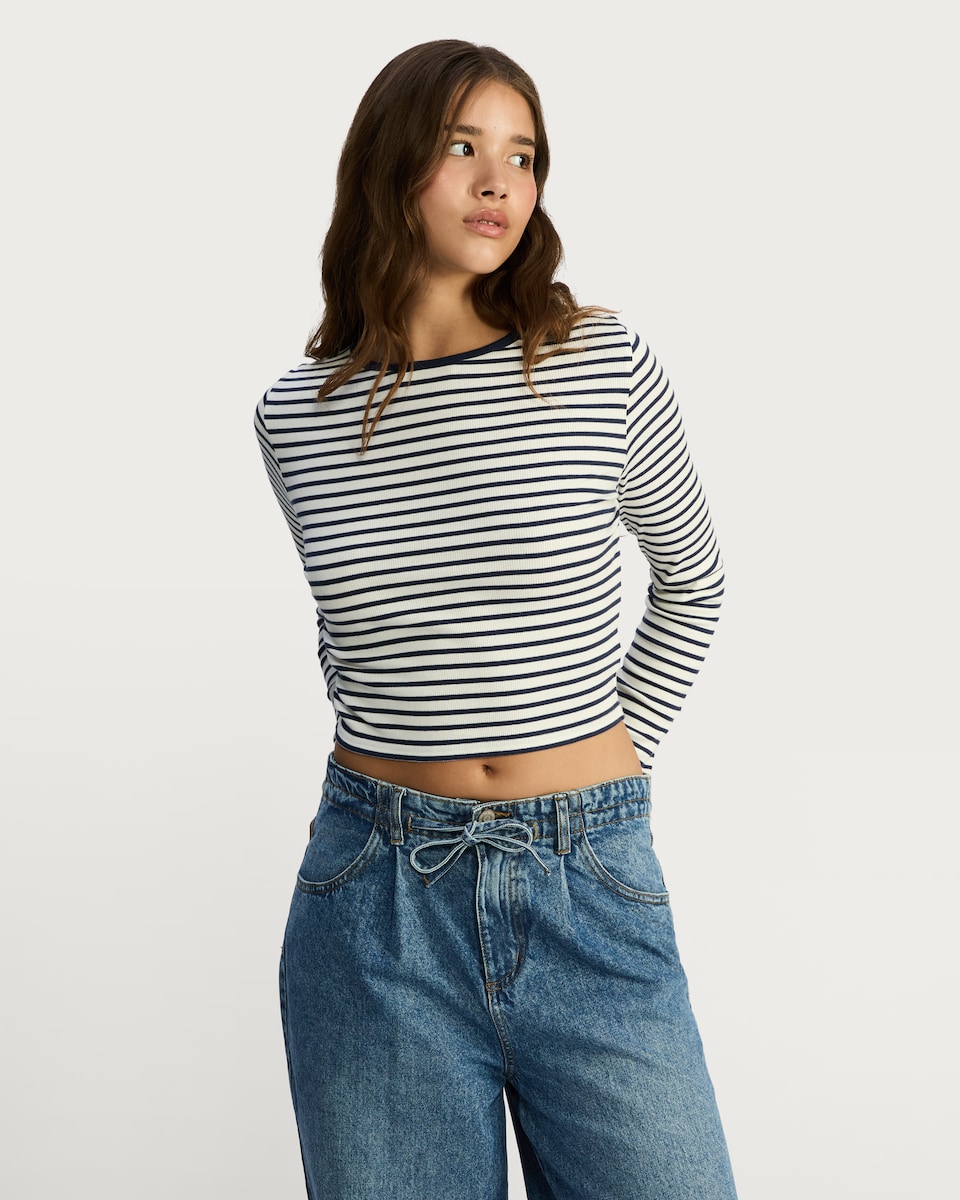 image 1 of OH ME OH MY Cotton Rich Striped Long Sleeved Top in White