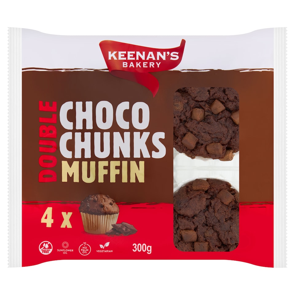Keenan's Bakery   Double Choco Chunk Muffins 4pk 300g 