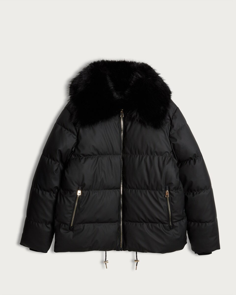F&F Faux Fur Collar Shower Resistant Puffer Jacket in Black