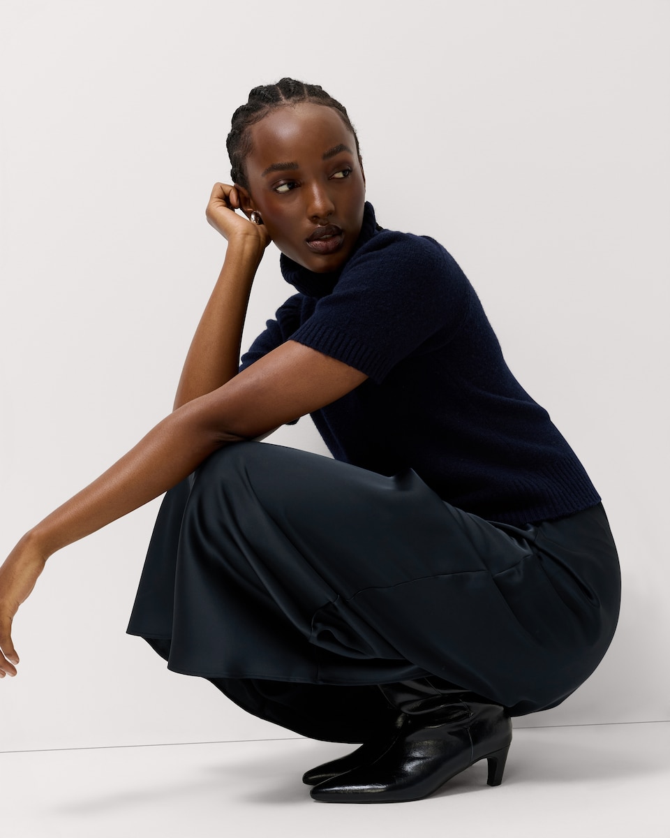 image 1 of F&F Satin Midi Slip Skirt in Navy
