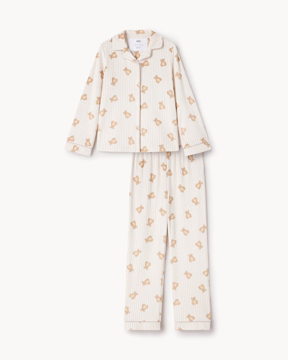 image 1 of F&F Girls Fleece Teddy Bear Revere Pyjama Set in Cream