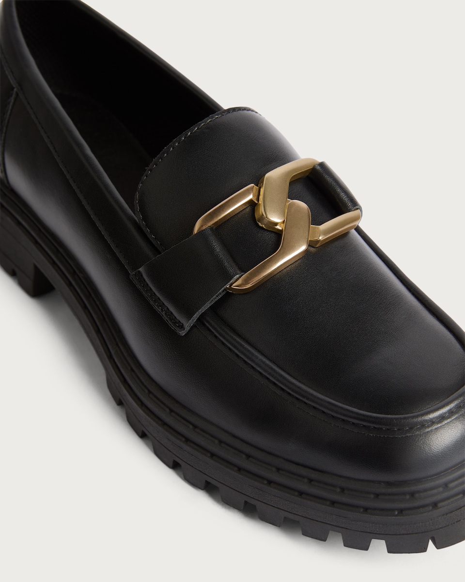 image 1 of F&F Faux Leather Chunky Penny Trim Loafers in Black