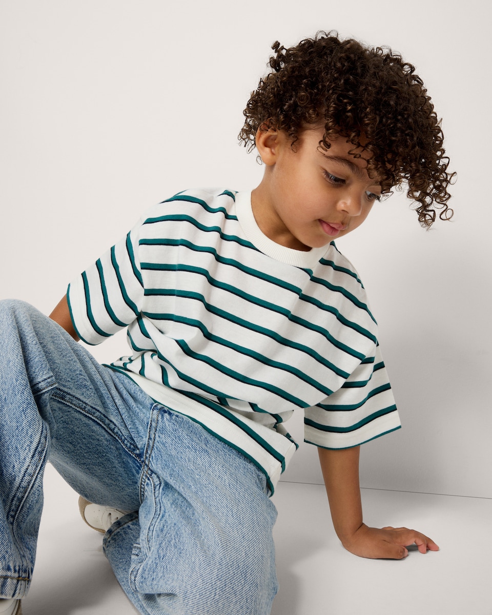 image 1 of F&F Boys Pure Cotton Striped T-Shirt in Green