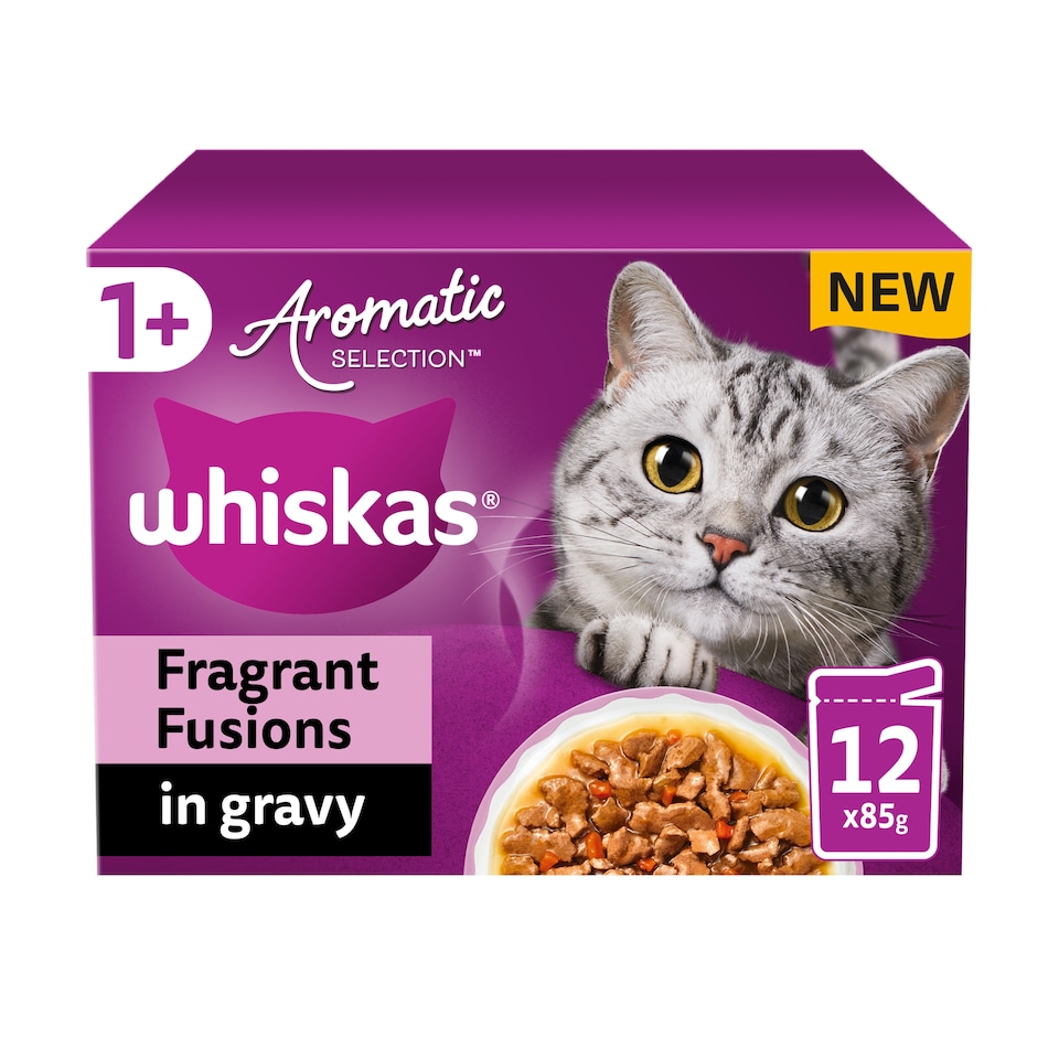 image 1 of WHISKAS 1+ Aromatic Fragrant Fusions Selection Wet Cat Food Pouches 12x85g