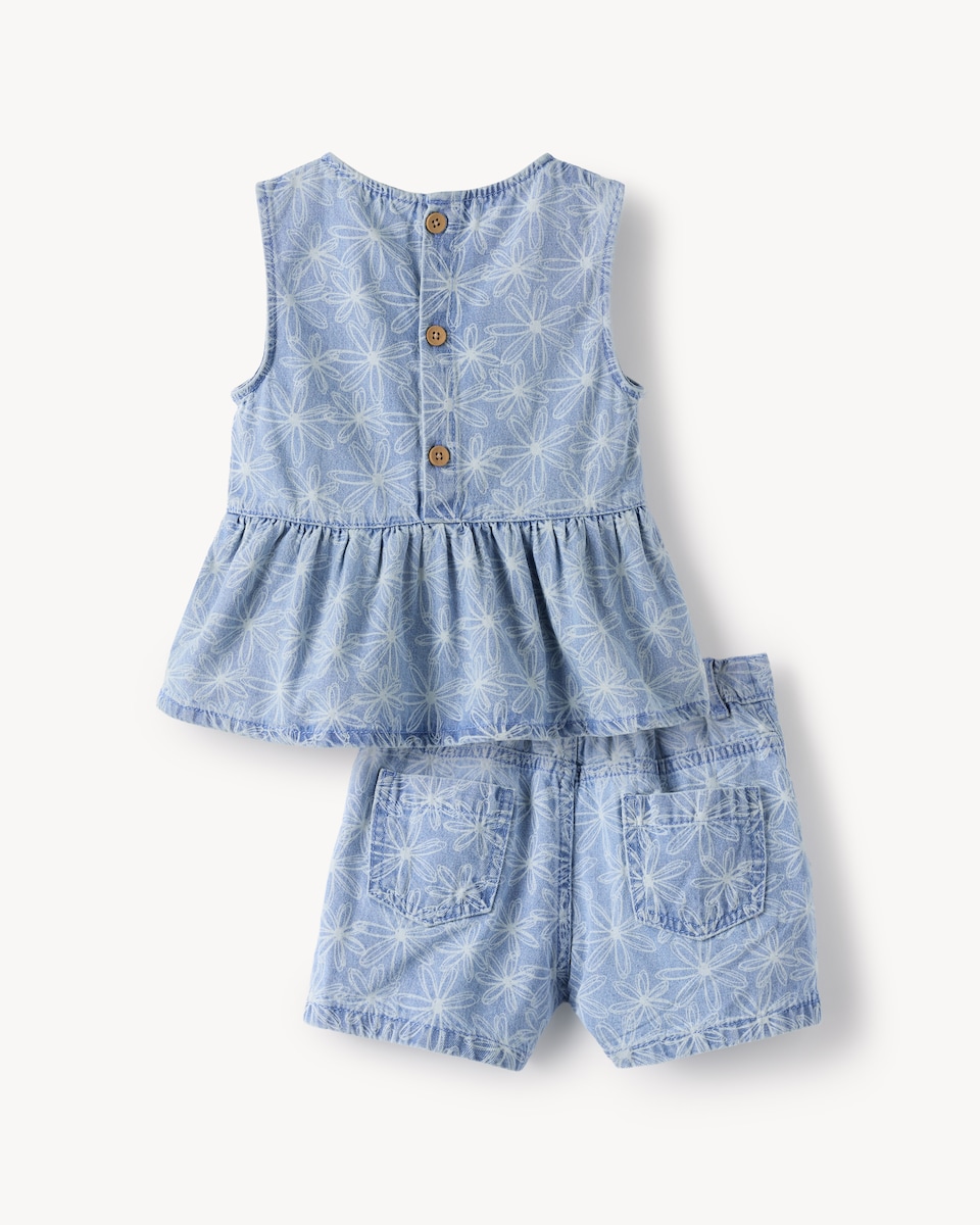 image 1 of F&F Girls 2-Piece Pure Cotton Floral Denim Top and Shorts Set in Blue