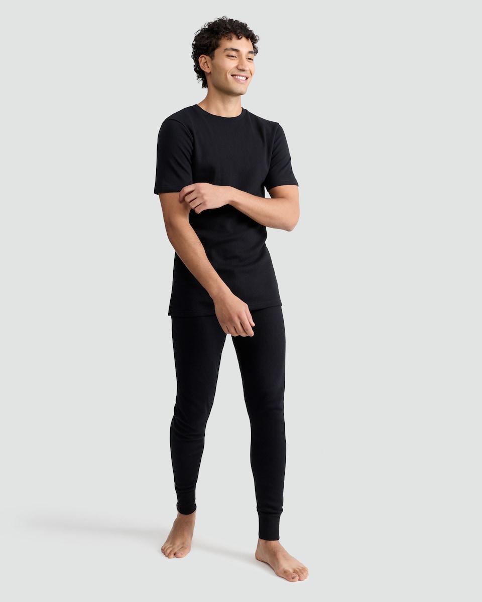 image 1 of F&F WARMPLUS™ Medium Warmth Ribbed Short Sleeved Thermal T-Shirt in Black