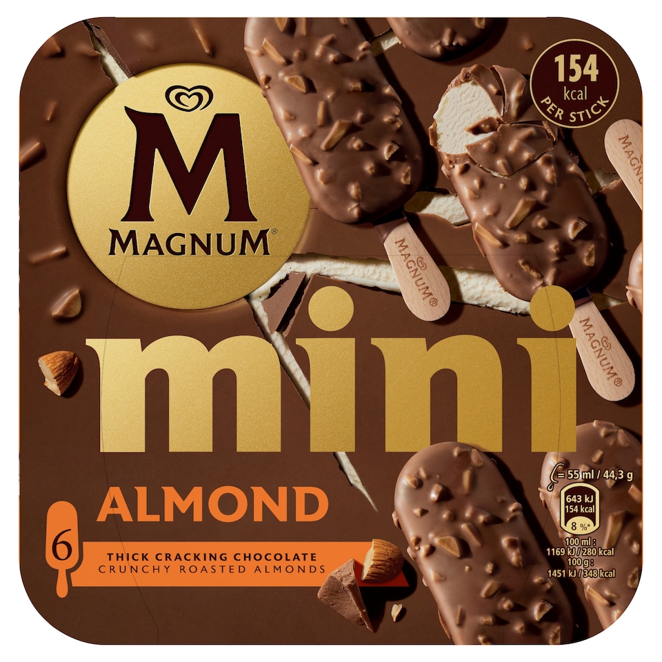 Magnum Mini vaníliás jégkrém tejcsokoládé bevonattal és mandula darabkákkal 6 x 55 ml (330 ml)