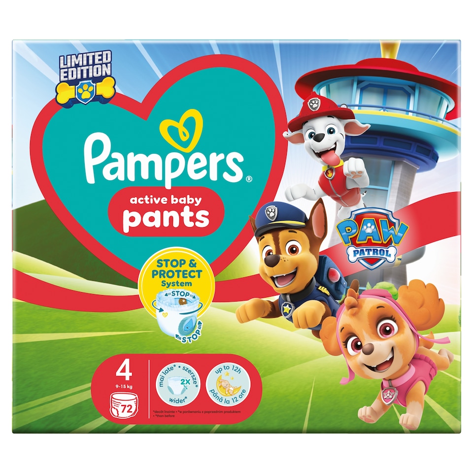 Pampers Active Baby Bugyipelenka Mancs Őrjárat Kiadás, Méret: 4, 72 Pelenka, 9kg-15kg  1. kép