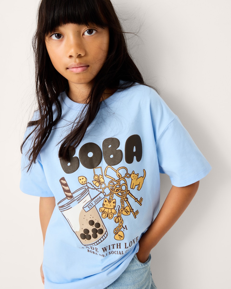 image 1 of F&F Girls Pure Cotton Boba T-Shirt in Blue