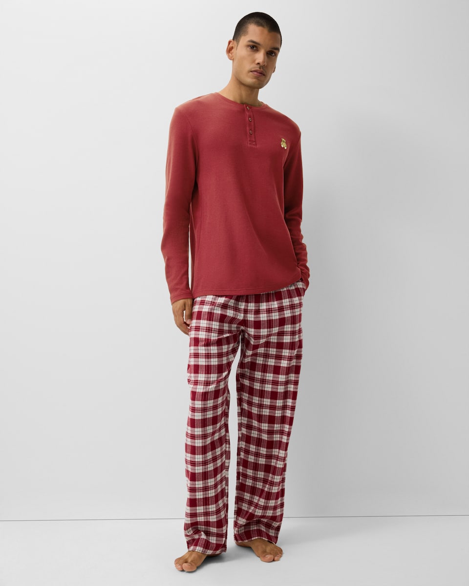 image 1 of Christmas Pure Cotton Waffle Henley Checked Bottoms Pyjama Set in Red