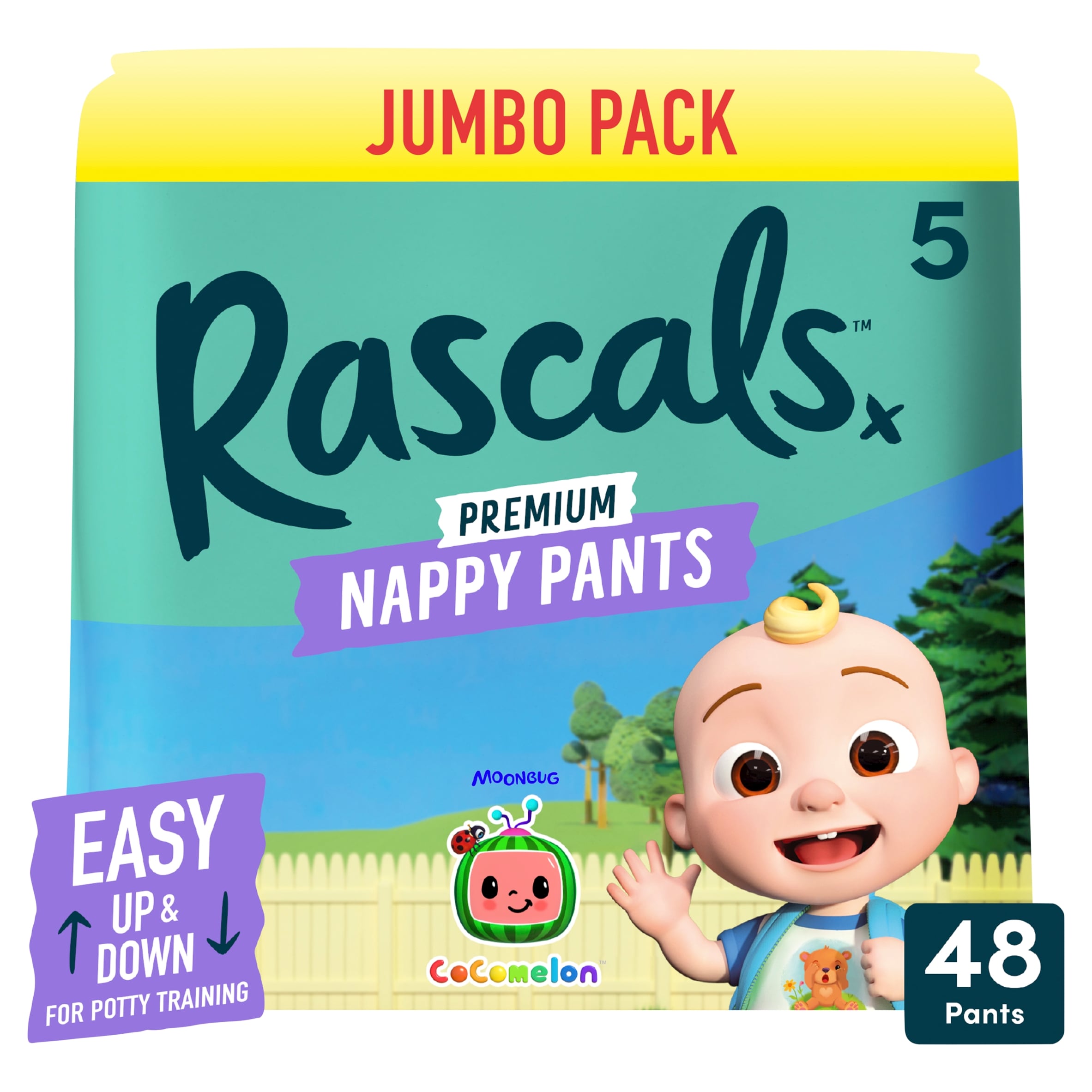 Rascals Premium CoComelon Nappy Pants, Size 5 | 48 Jumbo Pack