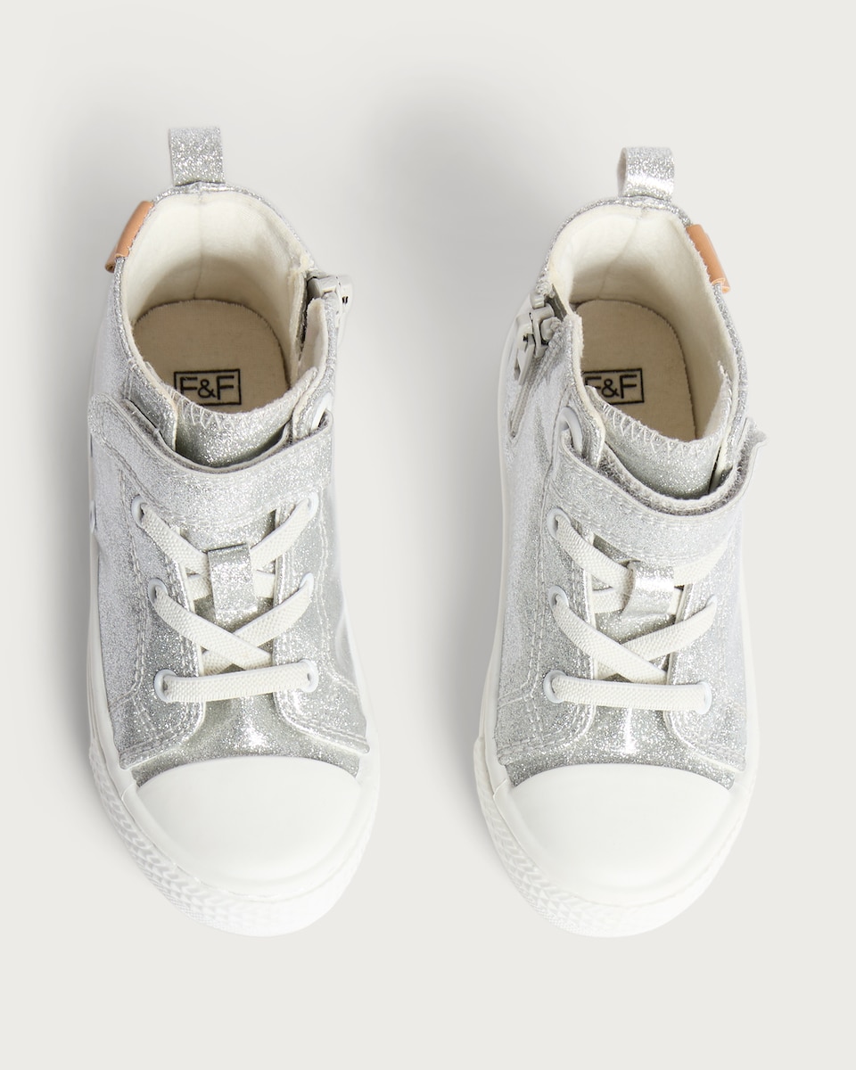 image 1 of F&F Girls Glitter Touch Fastening High Top Trainers in Silver