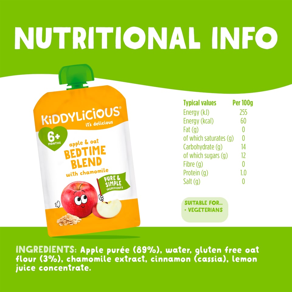 image 1 of Kiddylicious Apple & Oat Bedtime Blend with Chamomile 6+ Months 100g