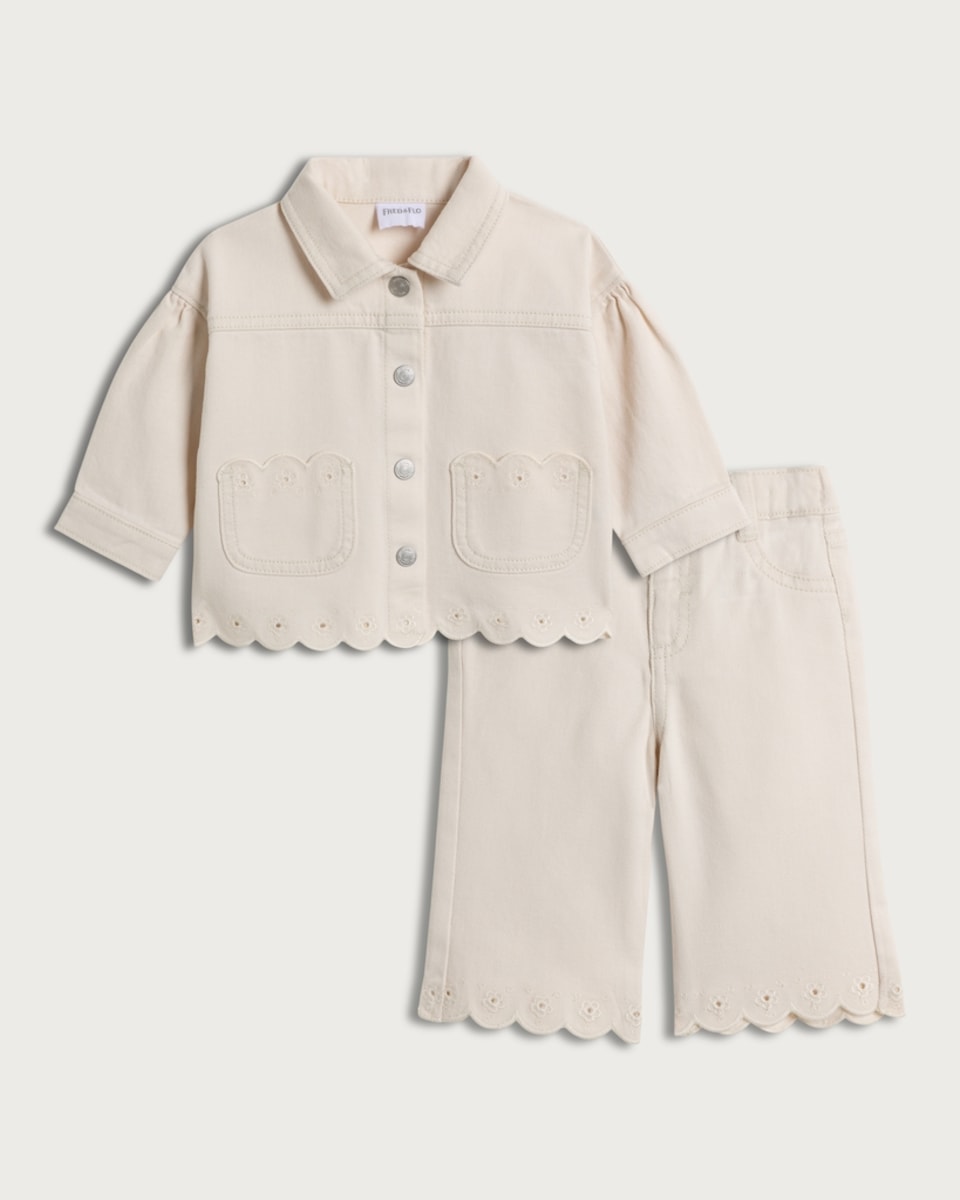 F&F Baby 2-Piece Pure Cotton Scallop Trim Jacket and Trousers Set in Cream