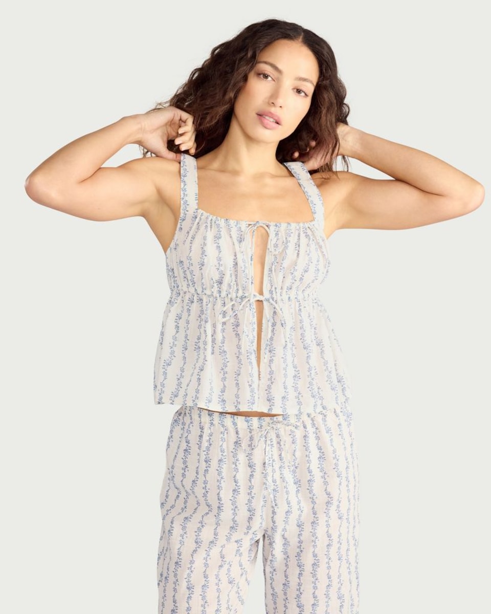 image 1 of F&F Pure Cotton Floral Print Pyjama Top in Multi Blue