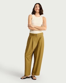 F&F Lyocell Blend Pleated Barrel Leg Belted Trousers in Olive