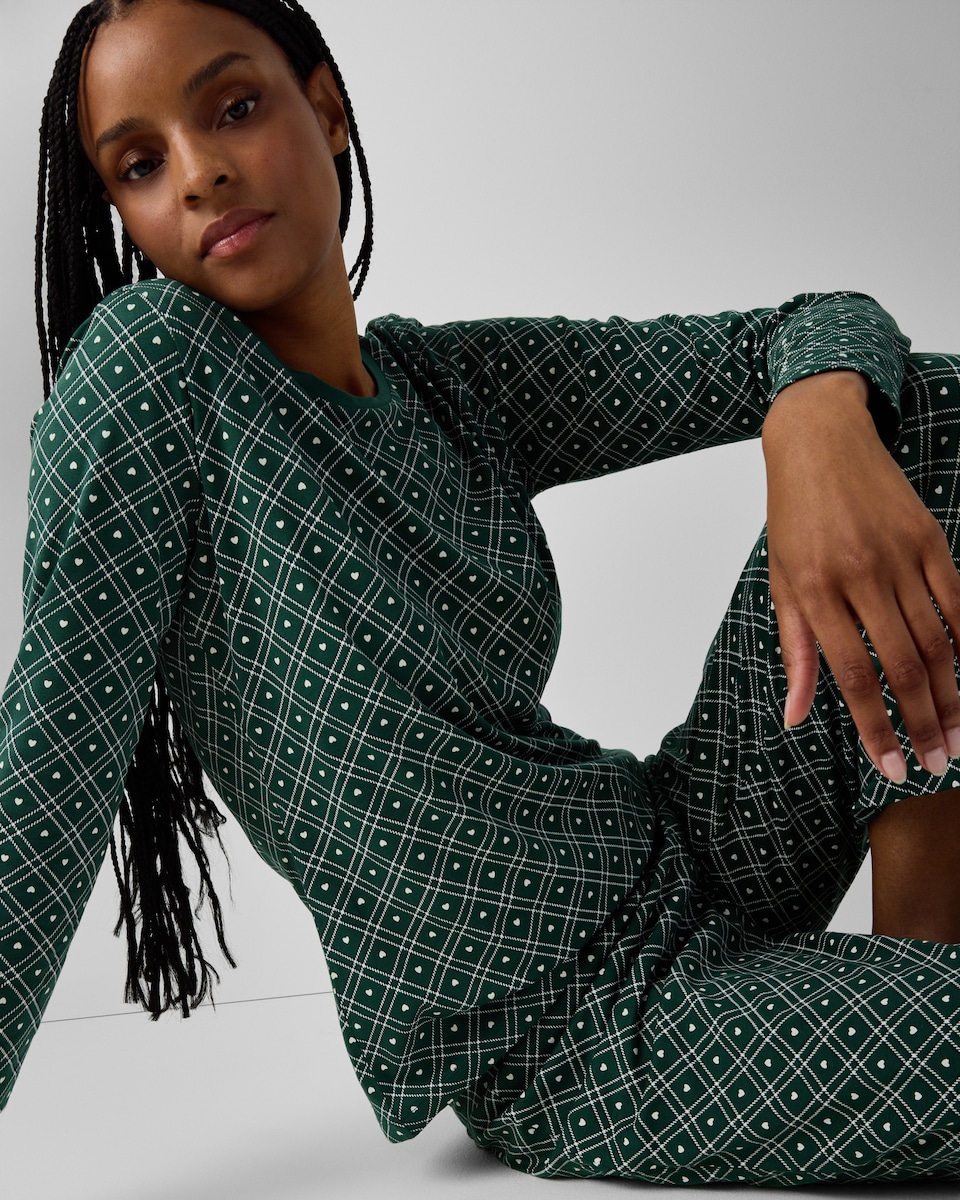 image 1 of F&F Pure Cotton Heart Checked Pyjama Set in Green