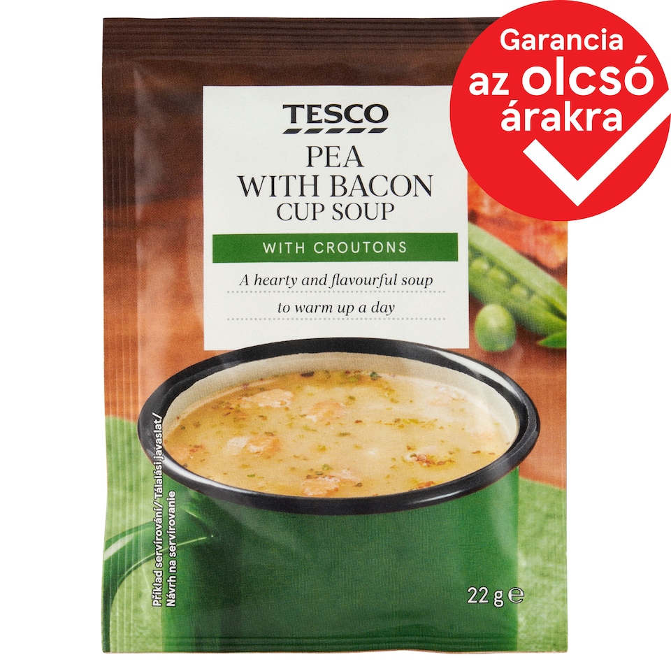 Tesco instant borsóleves pirított kenyérkockákkal és baconnel 22 g