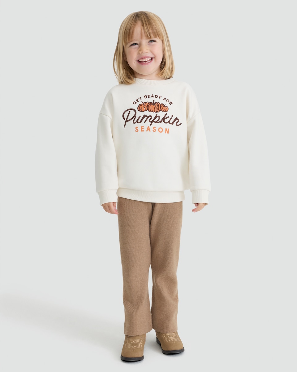 image 1 of F&F Girls Cotton Rich Pumpkin Picking Crew Sweatshirt in Cream