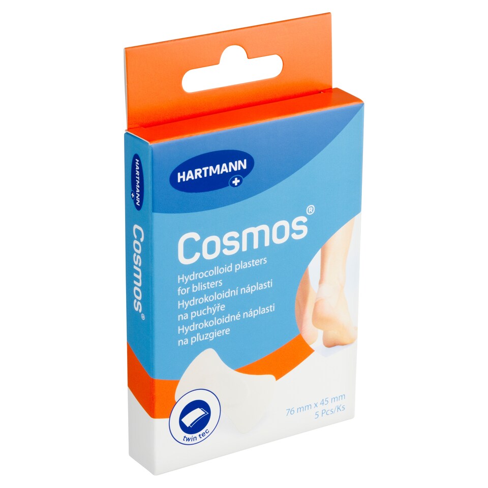 Obrázek 1 pro produkt Hartmann Cosmos Hydrokoloidní náplasti na puchýře 76 mm  x 45 mm 5 ks