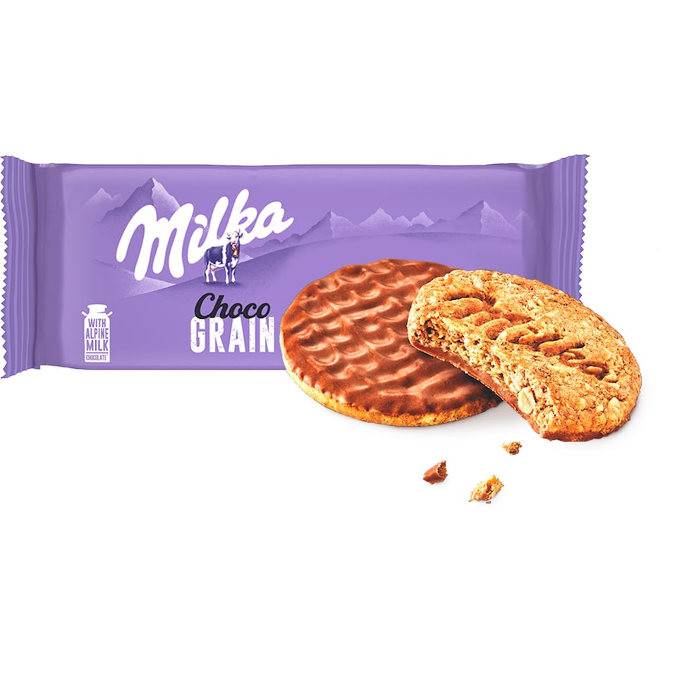 Obrázek 1 pro produkt Milka Choco Grain sušenky s ovesnými vločkami a celozrnnou pšen.mouku polom. v mléčné čokoládě 126 g