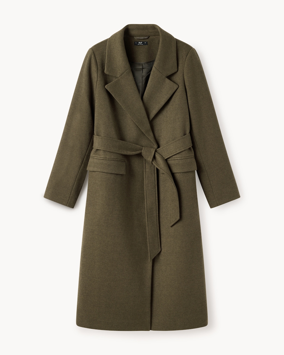 image 1 of F&F Textured Formal Belted Coat in Khaki