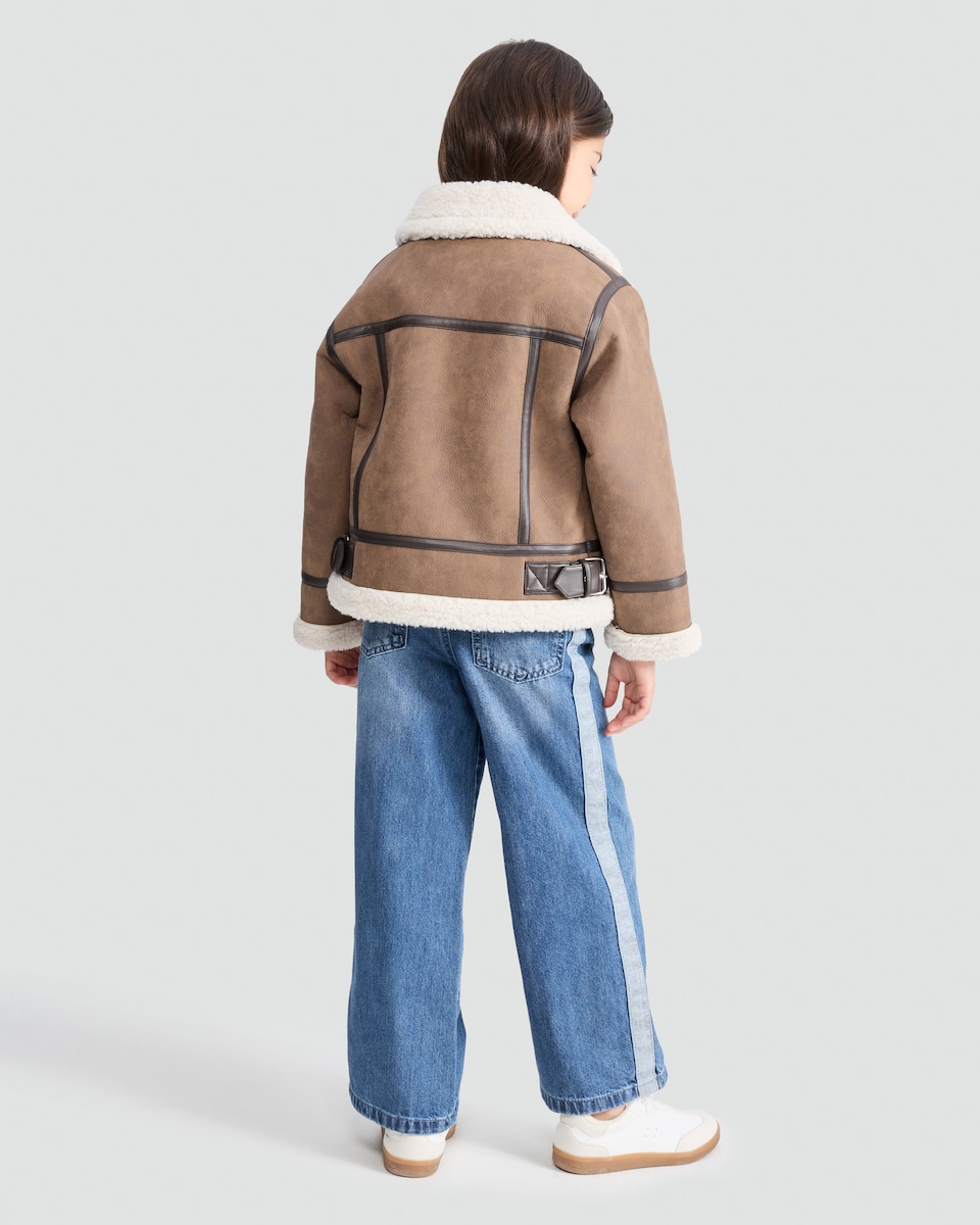 image 1 of F&F Girls Faux Shearling Aviator Jacket in Brown