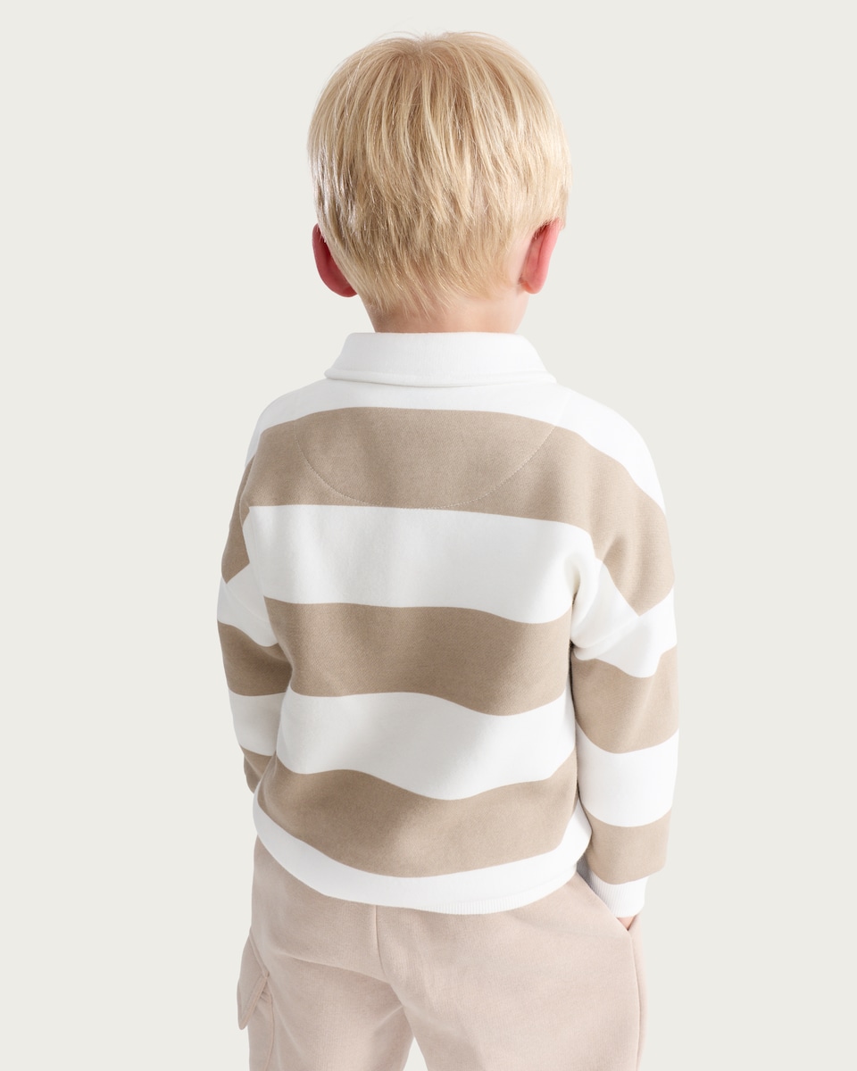 image 1 of F&F Boys Cotton Rich Stripe Print Rugby Sweatshirt in Stone