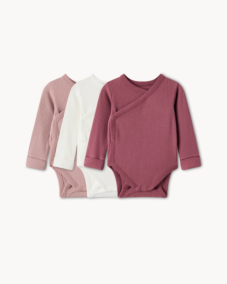 image 1 of F&F Baby 3-Pack Cotton-Rich Ribbed Long Sleeved Bodysuits in Mink