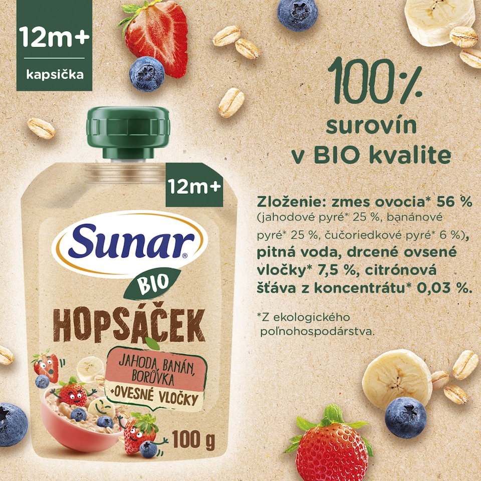 image 1 of Sunar Organic Hopsáček Strawberry, Banana, Blueberry + Oatmeal 100 g