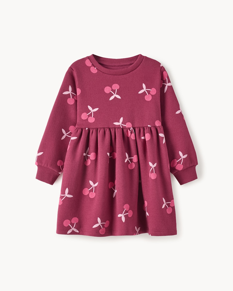 image 1 of F&F Girls Cotton Rich Cherry Sweat Dress in Burgundy