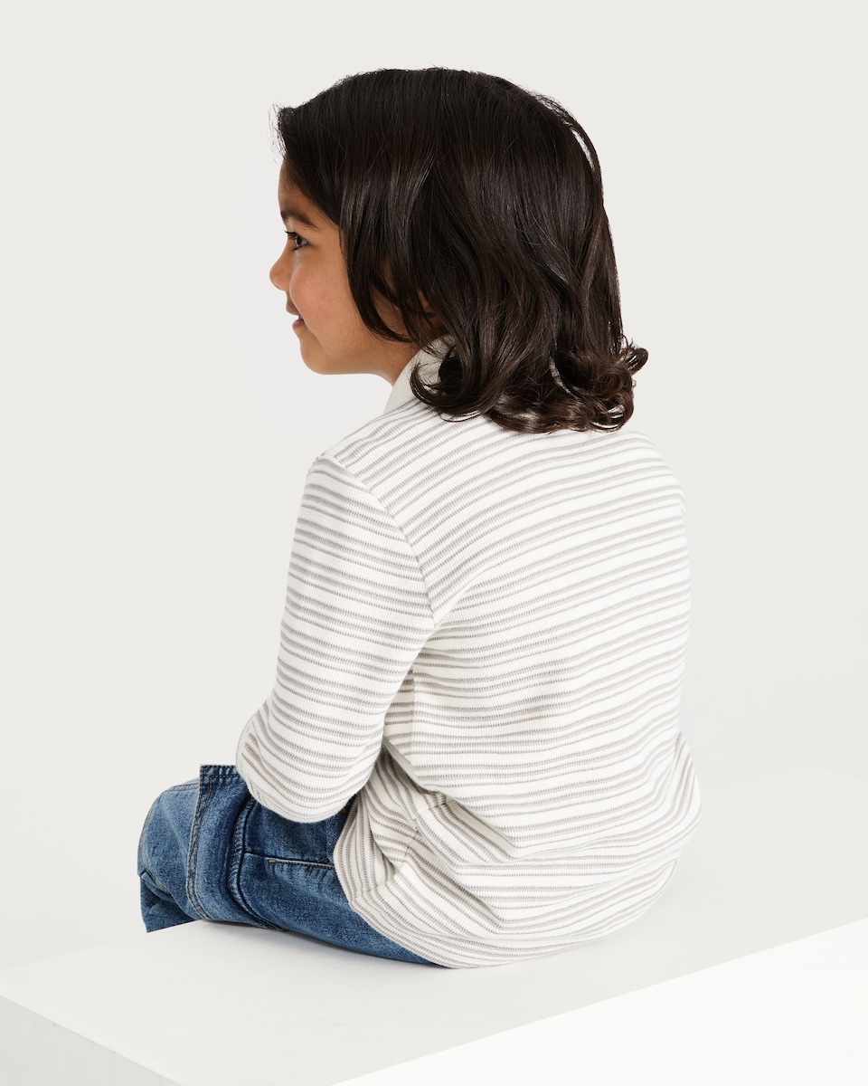 image 1 of F&F Boys Cotton Rich Stripe Long Sleeved Polo Shirt in Grey