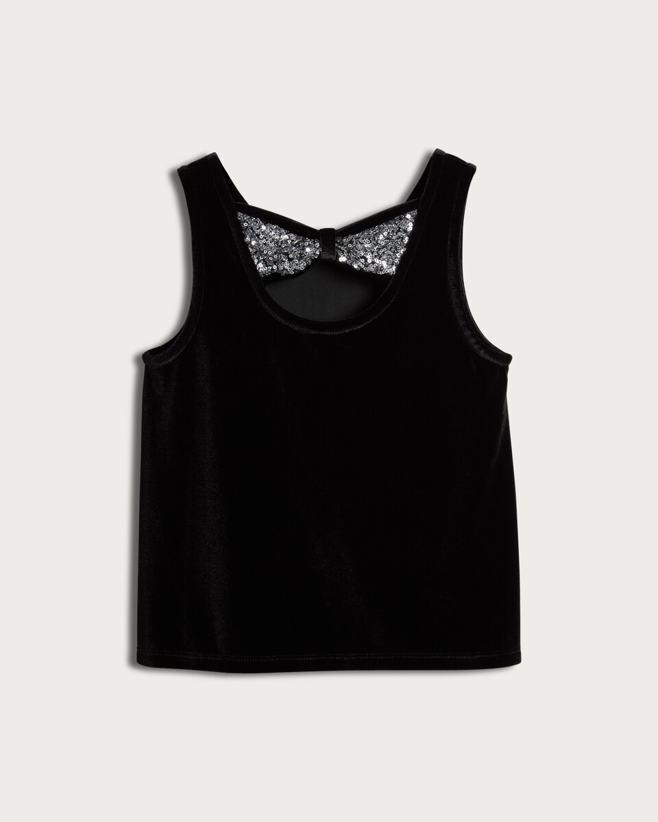 image 1 of F&F Girls Velvet Bow Back Top in Black